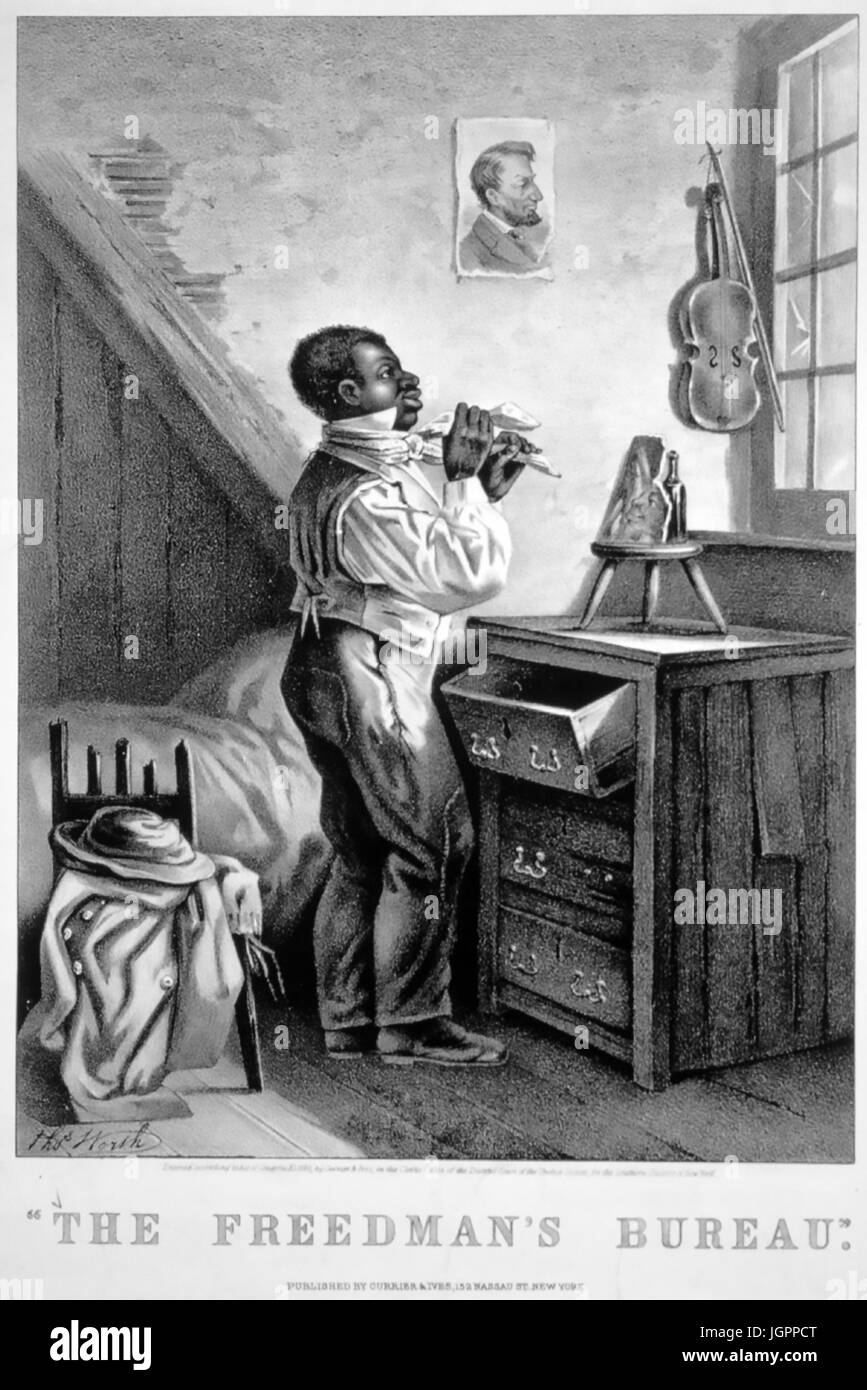 THE FREEDMAN'S BUREAU  A print by Currier & Ives about 1868 punning on the bureau as a piece of furniture and the US government's Freedmen's Bureau agency helping freed slaves after the Civil War Stock Photo