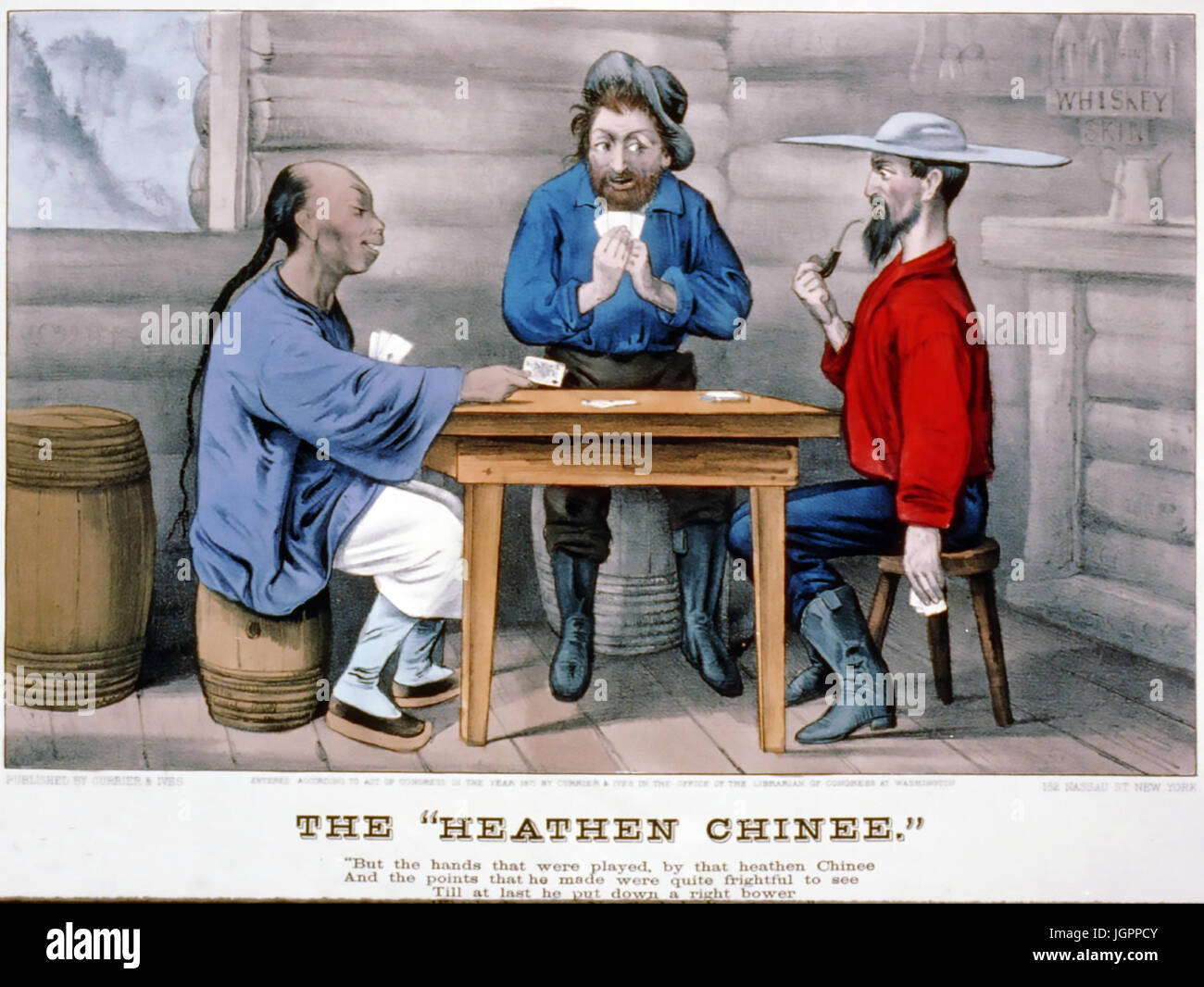 THE 'HEATHEN CHINEE'  Currier & Ives print about 1870 based on a poem by Bret Harte making fun of anti-Chinese sentiment in California Stock Photo