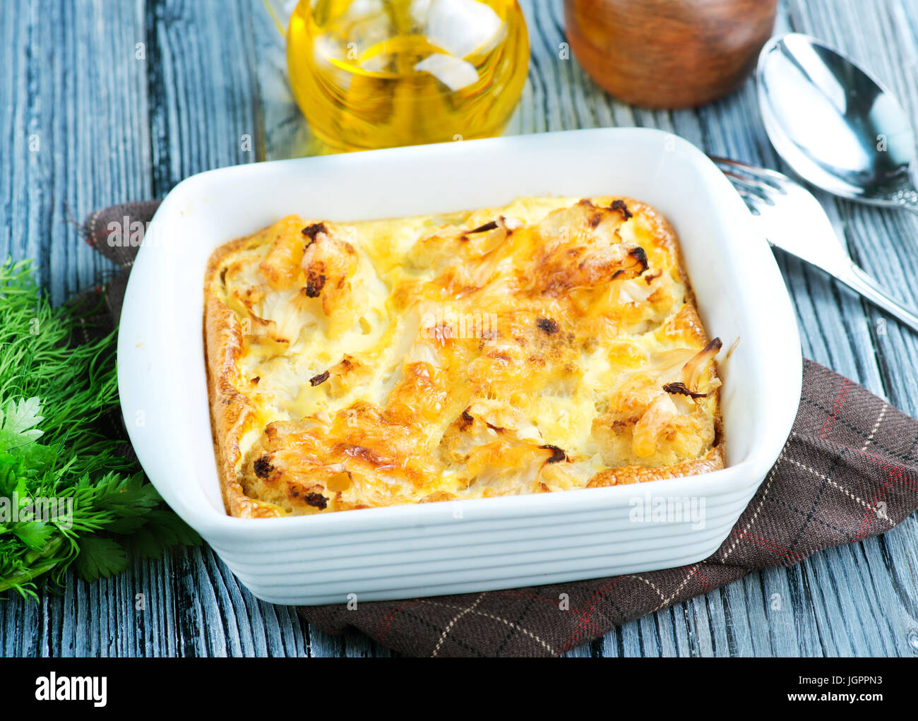 baked cauliflower with egg and cheese Stock Photo Alamy