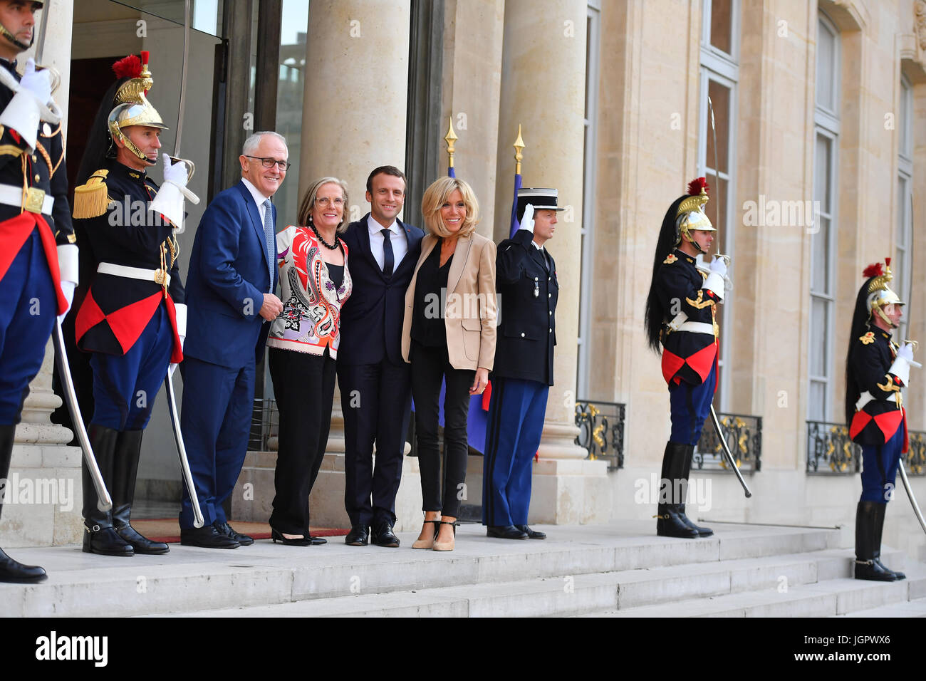 Paris, France. 8th Jul, 2017. France's President Emmanuel Macron and his wife Brigitte, wait prior to welcome Australian Prime Minister Malcolm Turnbull, at the Elysee Palace, in Paris, Saturday, July 8, 2017 Credit: francois pauletto/Alamy Live News Stock Photo