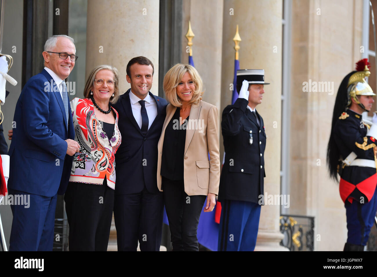Paris, France. 8th Jul, 2017. France's President Emmanuel Macron and his wife Brigitte, wait prior to welcome Australian Prime Minister Malcolm Turnbull, at the Elysee Palace, in Paris, Saturday, July 8, 2017 Credit: francois pauletto/Alamy Live News Stock Photo