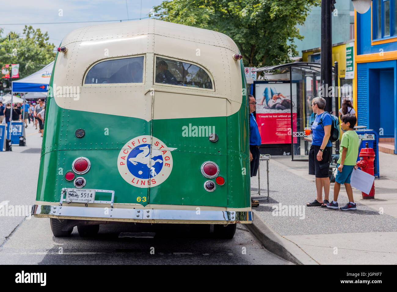 Vancouver, Canada. 9th Jul, 2017. Vintage Pacific Stage Lines Hayes Tear Drop Bus, Car Free Day, Commercial Drive, Vancouver, British Columbia, Canada. Credit: Michael Wheatley/Alamy Live News Stock Photo