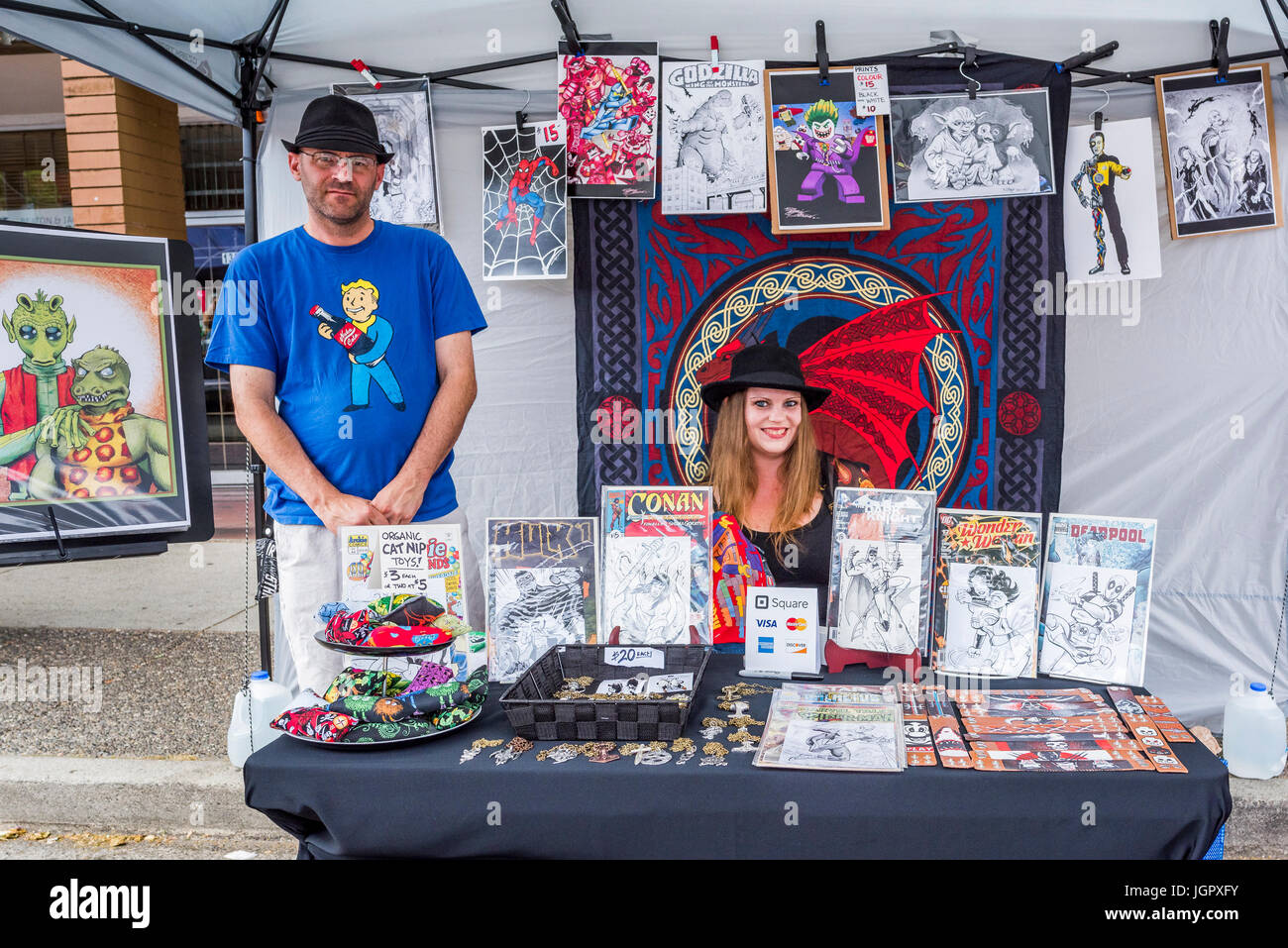 Vancouver, Canada. 9th Jul, 2017. Comics vendor, Car Free Day, Commercial Drive, Vancouver, British Columbia, Canada. Credit: Michael Wheatley/17�Թ����� Live News Stock Photo