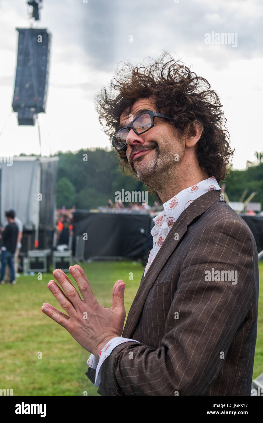 Coventry, UK. 9th July, 2017.  The annual Coventry Godiva Music Festival took place over the weekend with huge crowds attending for the duration of the festival.  The festival finished Sunday evening with The Darkness headlining.  Bass player Frankie Poulain poses for a picture before the set.  Credit: Andy Gibson/Alamy Live News. Stock Photo