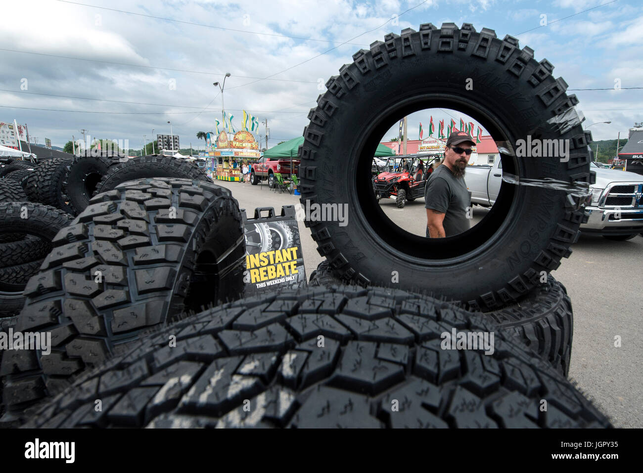 Bloomsburg, Pennsylvania USA. 08th July, 2017. Truck tires displayed for sale at the 30th Annual 4-Wheel Summer Jamboree Nationals at the Bloomsburg, Pennsylvania Fairgrounds. Credit: Brian Cahn/ZUMA Wire/Alamy Live News Stock Photo