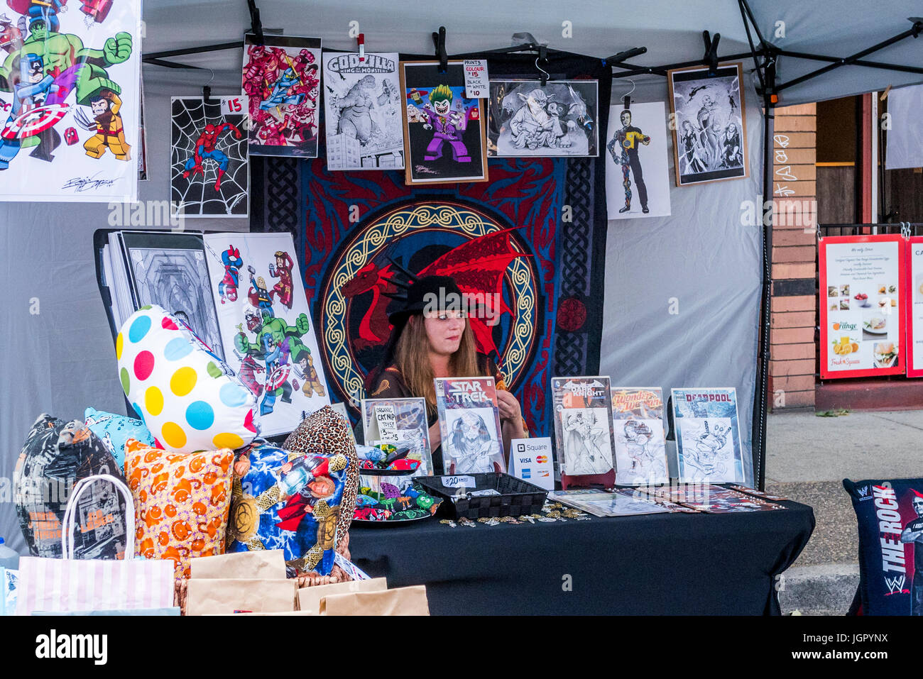 Vancouver, Canada. 9th Jul, 2017. Comics vendor, Car Free Day, Commercial Drive, Vancouver, British Columbia, Canada. Credit: Michael Wheatley/17�Թ����� Live News Stock Photo