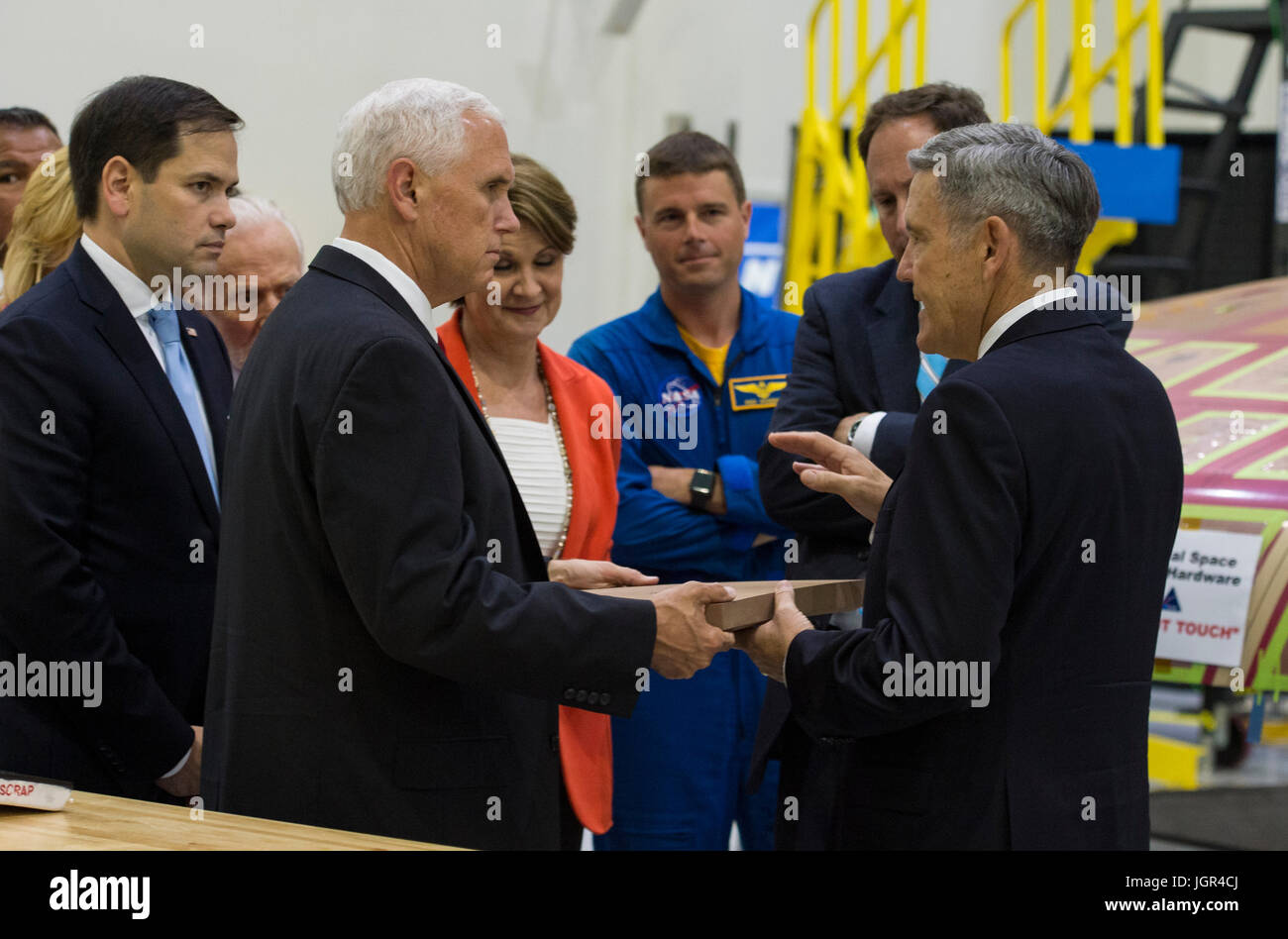 In this photo released by the National Aeronautics and Space Administration (NASA) United States Vice President Mike Pence, left, looks at a component of Orion's heat shield during a visit to the Operations and Checkout Building at Kennedy Space Center (KSC) on Thursday, July 6, 2017 in Cape Canaveral, Florida. Looking on from left is US Senator Marco Rubio (Republican of Florida). Mandatory Credit: Aubrey Gemignani/NASA via CNP /MediaPunch Stock Photo