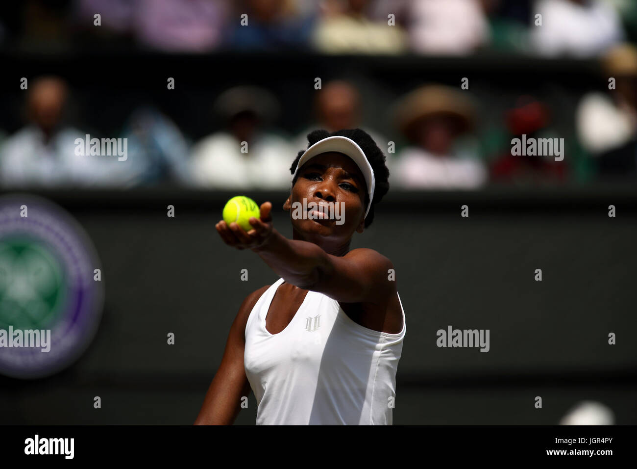 London, UK. 10th July, 2017. Wimbledon Tennis: London, 10 July, 2017 - Number 10 seed, venus Williams during her fourth round match against Ana Conjuh of Croatia. Williams won in straight sets Credit: Adam Stoltman/Alamy Live News Stock Photo