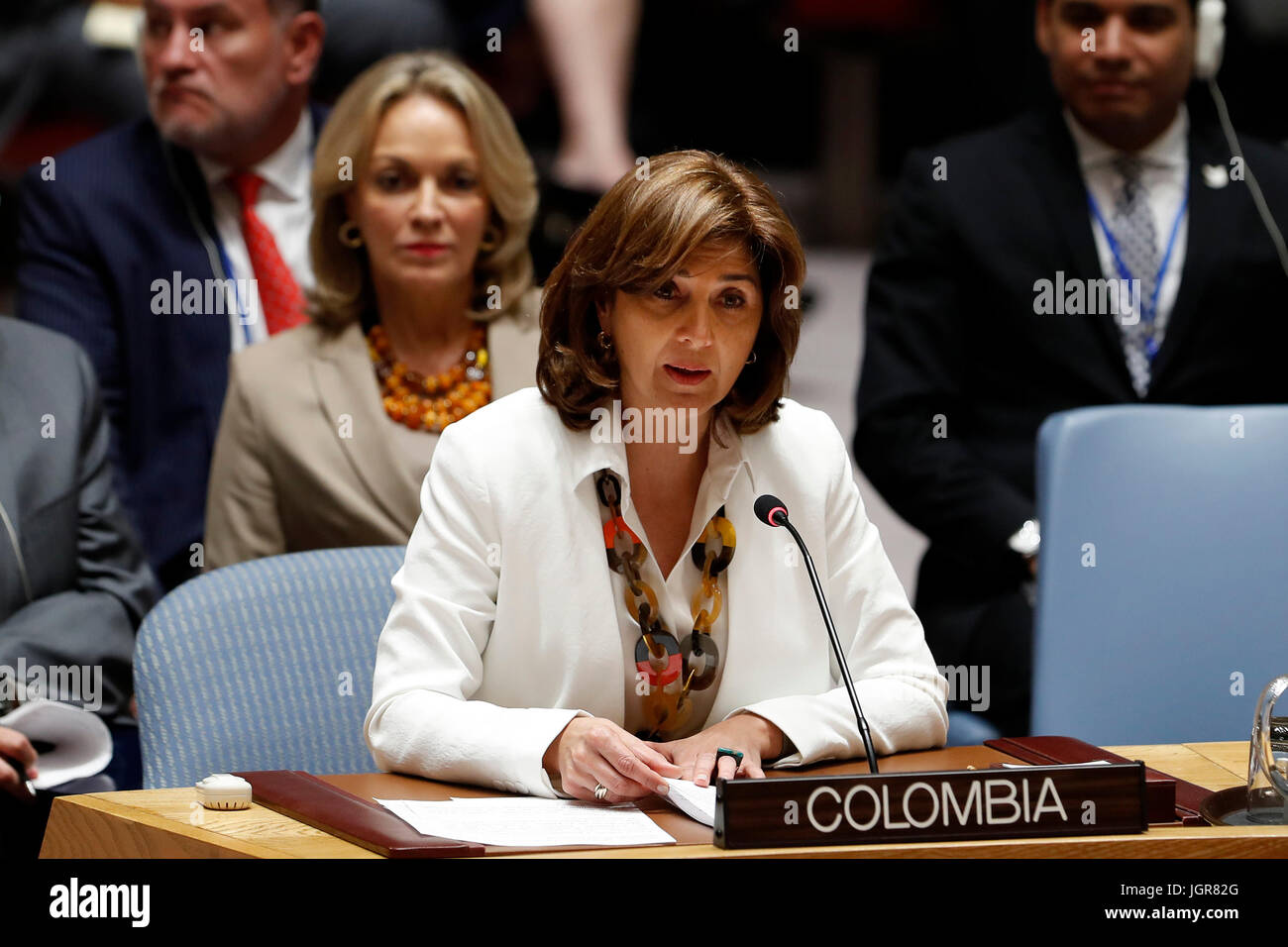 United Nations, New York, USA. 10th Jul, 2017. Colombian Foreign Minister Maria Angela Holguin (front) speaks after Security Council adopted a resolution to establish a new UN mission to help reintegrate rebels from Colombia's former largest guerrilla group FARC back to society. Credit: Xinhua/Alamy Live News Stock Photo