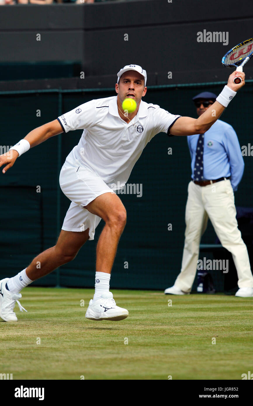 London, UK. 10th July, 2017. Wimbledon Tennis: London, 10 July, 2017 -  Gilles Muller of Luxembourg during his fourth round victory over Spain's  Rafael Nadal at Wimbledon. Credit: Adam Stoltman/Alamy Live News