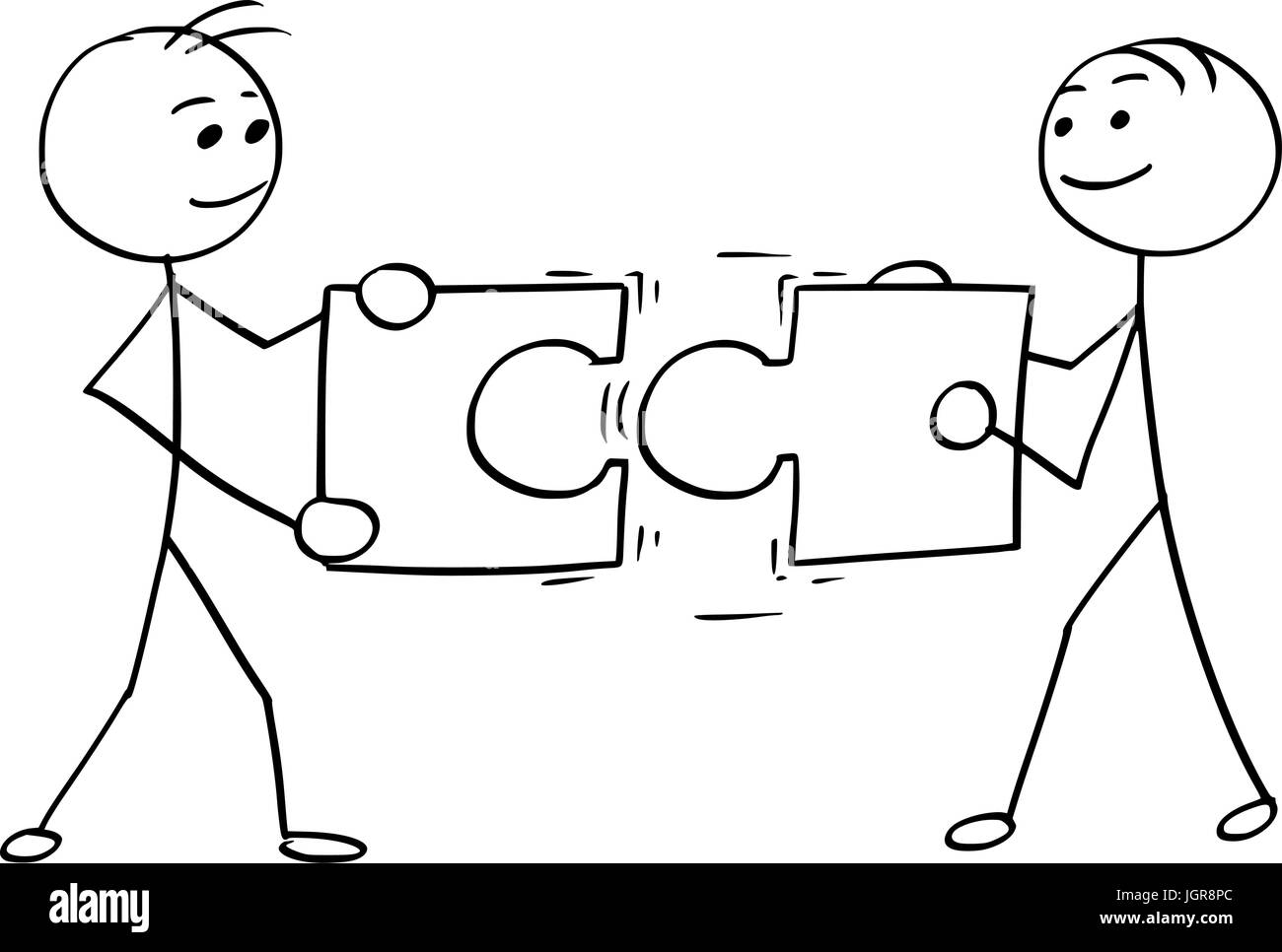 Cartoon vector stick man stickman drawing of two smiling men , each one holding a large jigsaw puzzle piece, trying to connect them together. Stock Vector