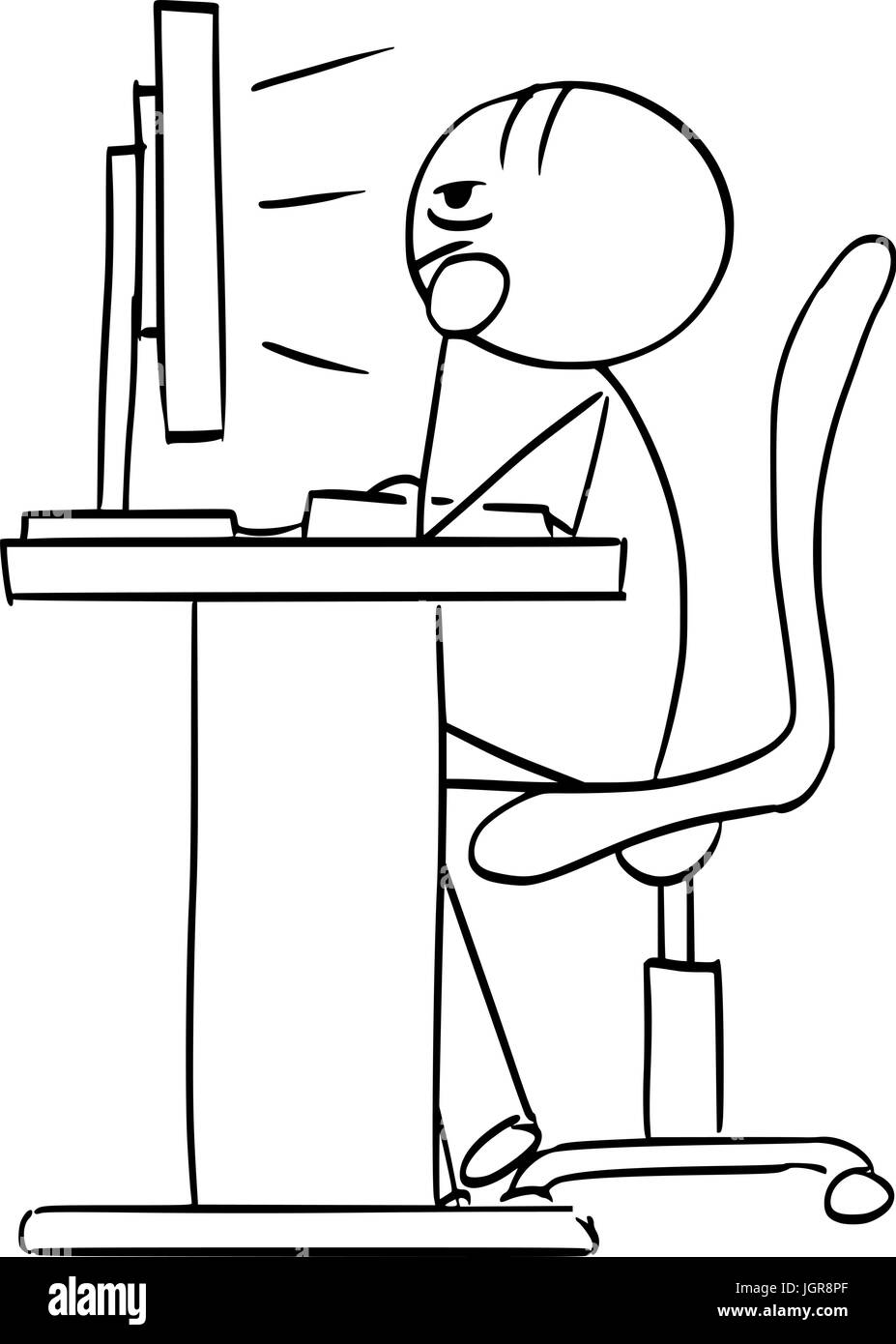 Cartoon vector stick man stickman drawing of man sitting bored in work job in front of the computer screen Stock Vector