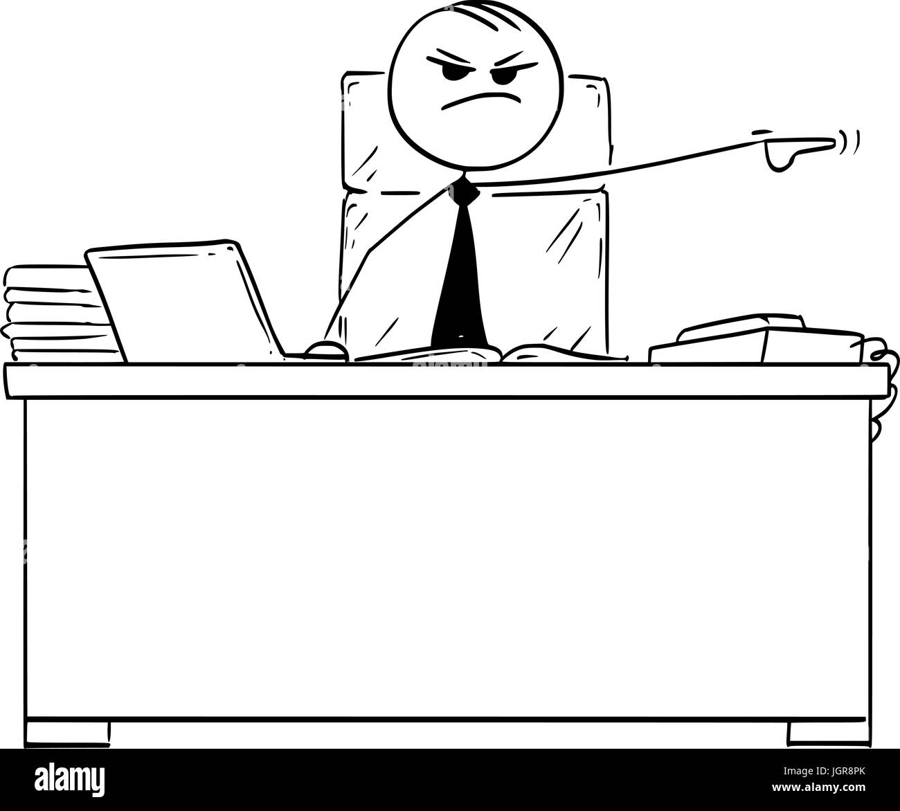 vector stick man stickman drawing of boss behind desk pointing his left arm to fire dismiss a worker Stock Vector Image & Art - Alamy