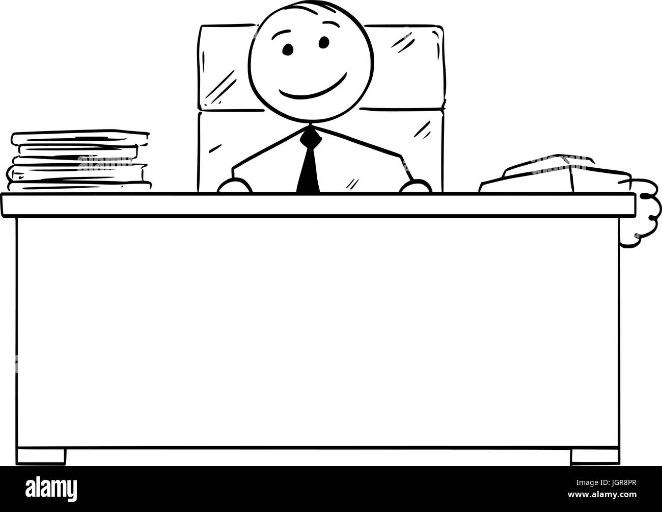 Cartoon vector stick man stickman drawing happy boss smiling behind office desk Stock Vector Image Art - Alamy