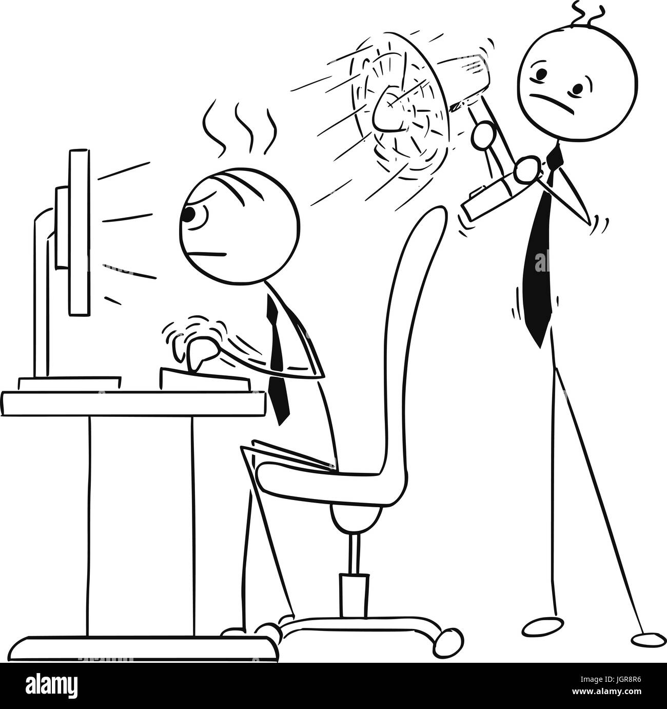 Cartoon vector stick man stickman drawing of man working typing hard on the  desktop computer and second man behind him cooling him with fan ventilator  Stock Vector Image & Art - Alamy