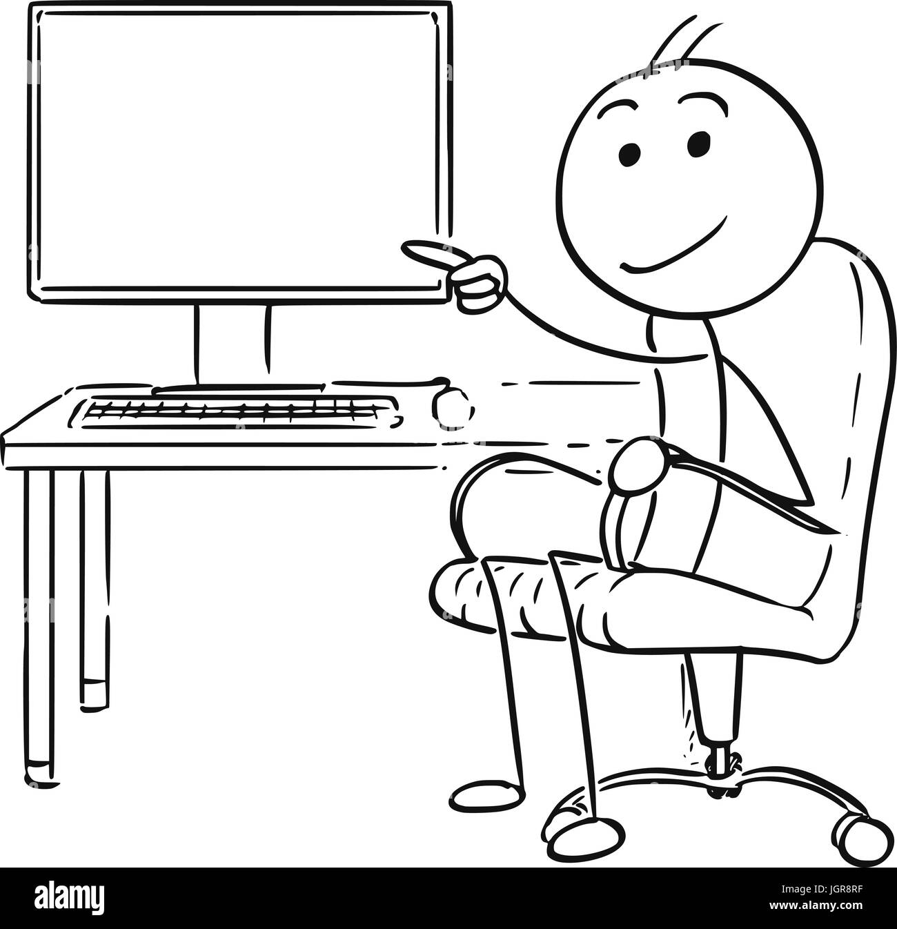 Cartoon vector stick man stickman drawing of man sitting in a office chair pointing at empty desktop computer screen display. Stock Vector