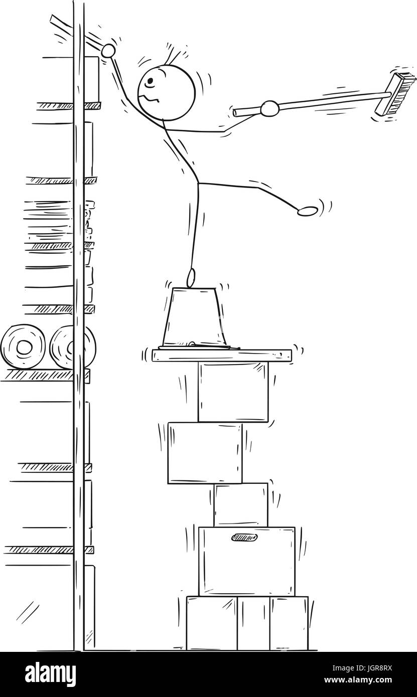 Cartoon vector stick man stickman drawing of man balancing on the top of the high stack of paper boxes with broom broomstick in his hand Stock Vector