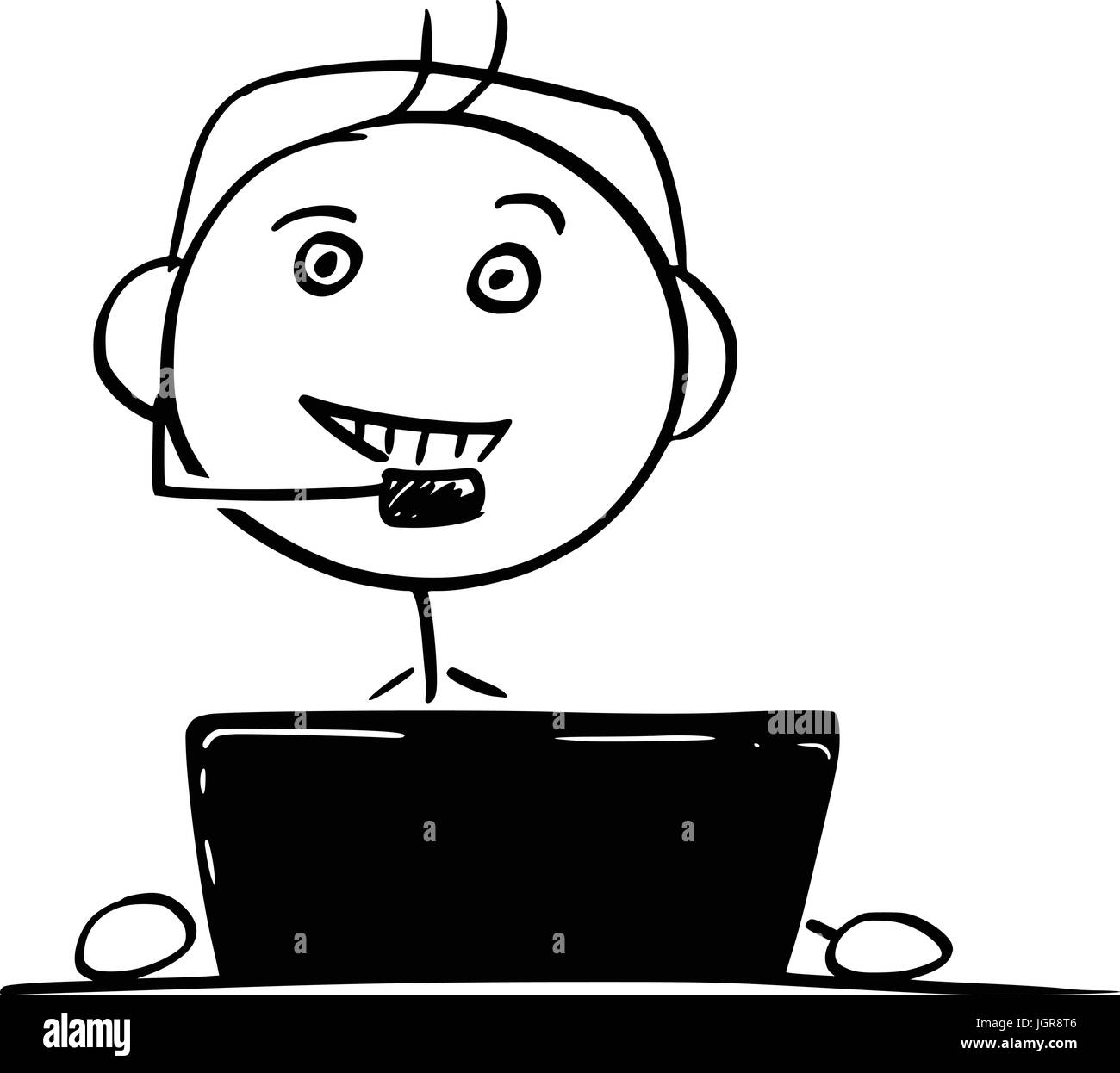 Cartoon vector stick man stickman drawing of male call center customer support service representative Stock Vector