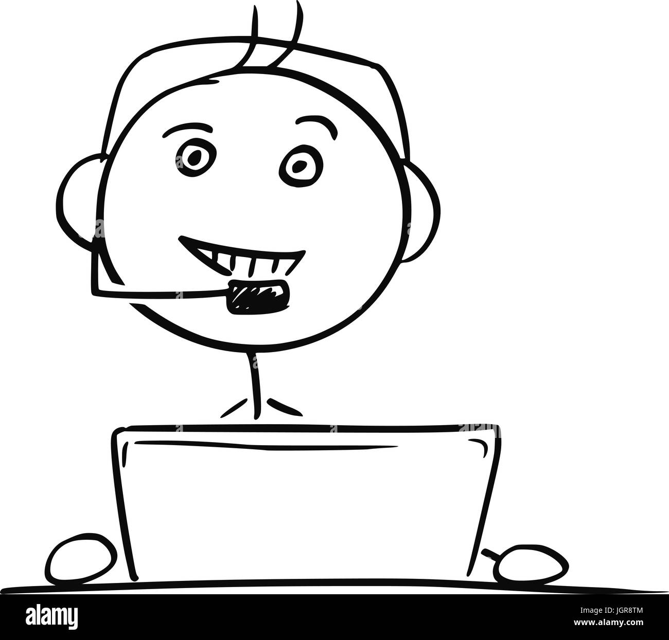 Cartoon vector stick man stickman drawing of male call center customer support service representative Stock Vector