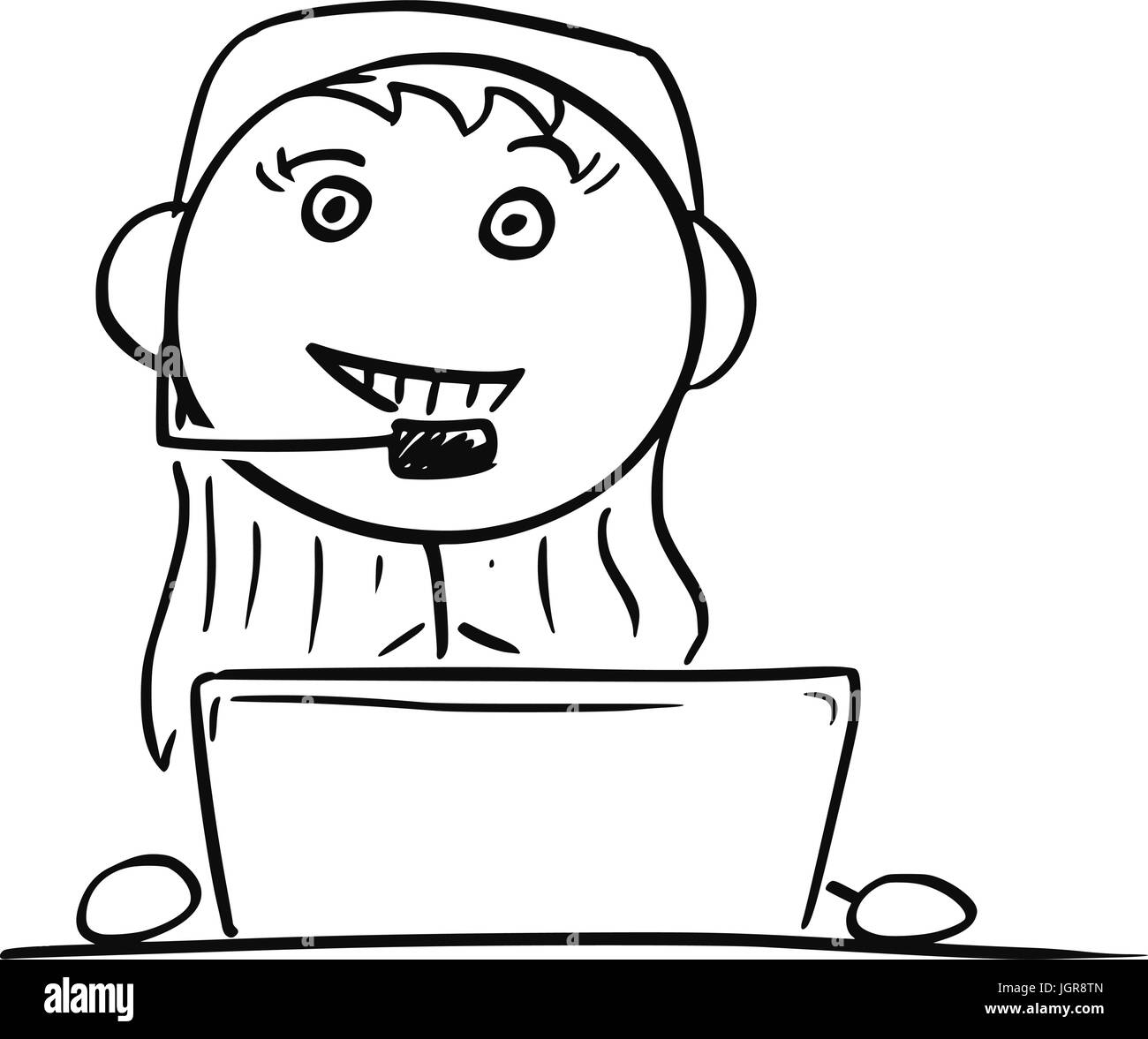 Cartoon vector stick man stickman drawing of female Call Center Customer Support Service Representative Stock Vector