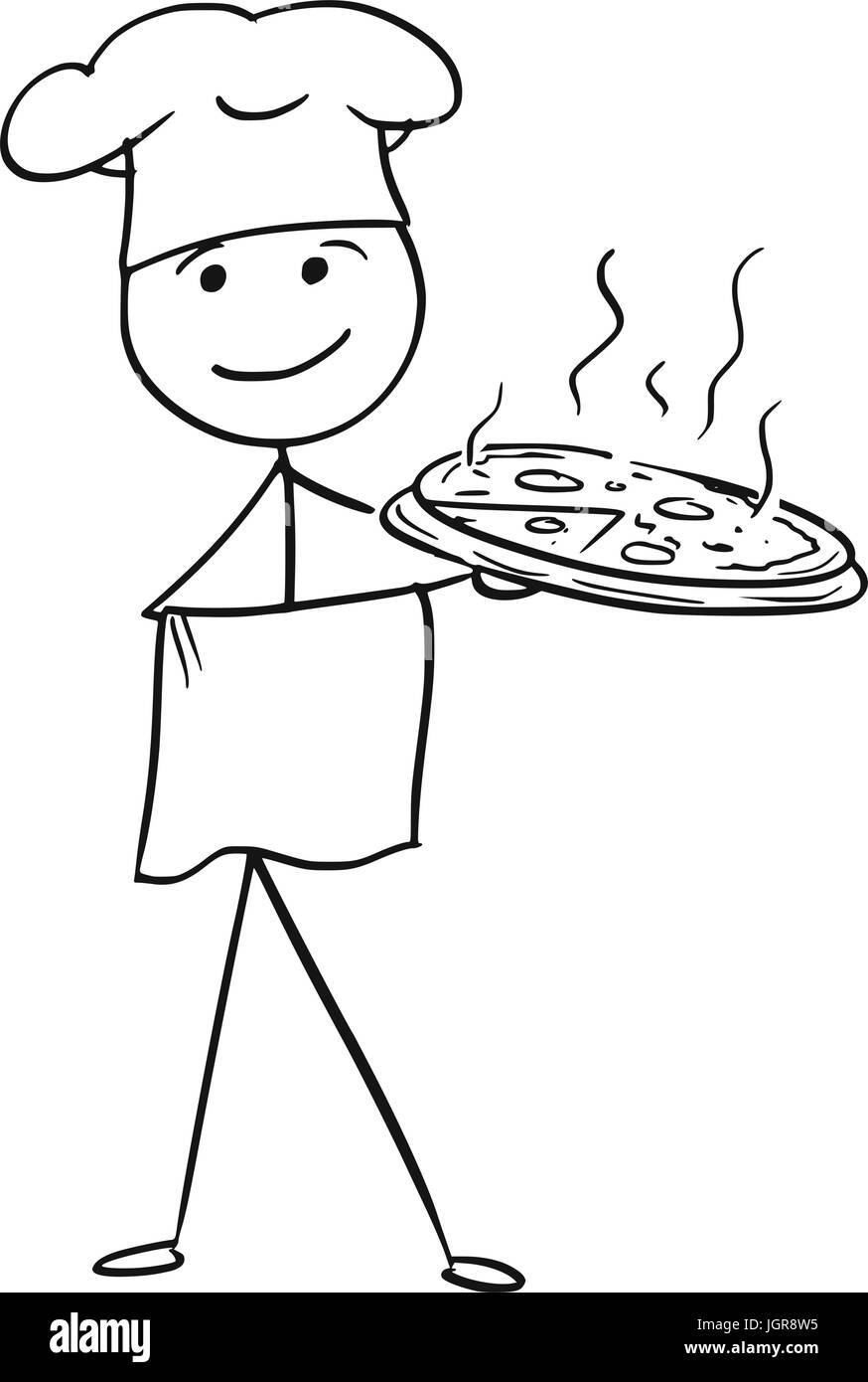 Cartoon vector stick man stickman drawing of male cook chef in chefs hat holding plate tray with pizza. Stock Vector