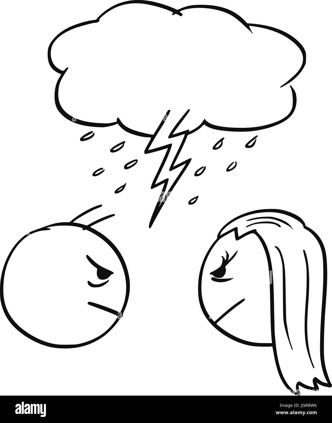 Cartoon vector of man and woman in quarrel fight with cloud and lightning bold above their heads Stock Vector