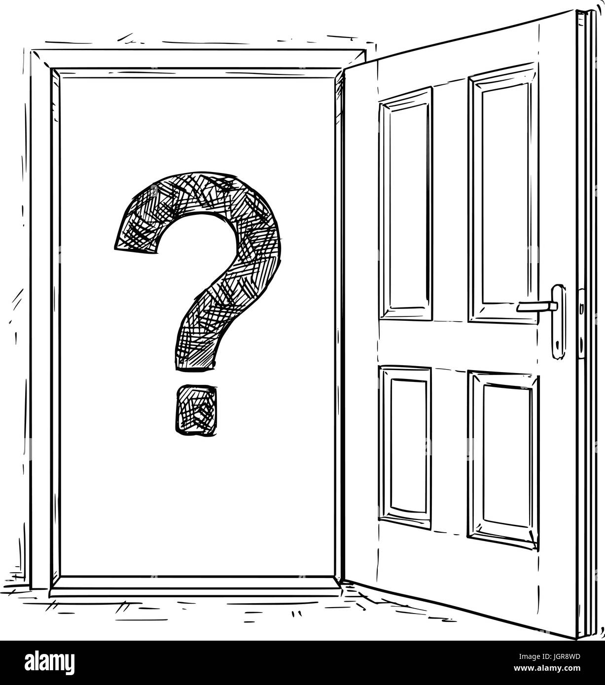 Vector cartoon of open elegant wooden door with question mark inside
