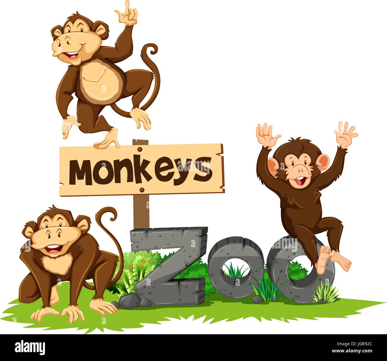 Three monkeys in the zoo illustration Stock Vector Image & Art - Alamy