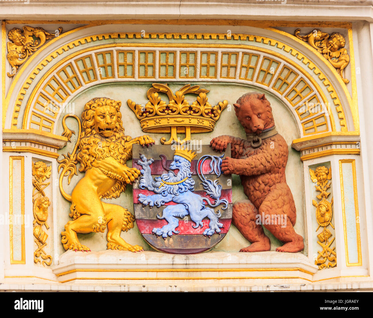 Heraldic lion and bear, town hall Coat of arms , the city arm of Bruges, Belgium, Europe Stock