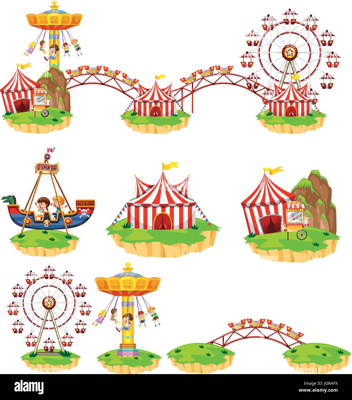 Different rides at amusement park illustration Stock Vector