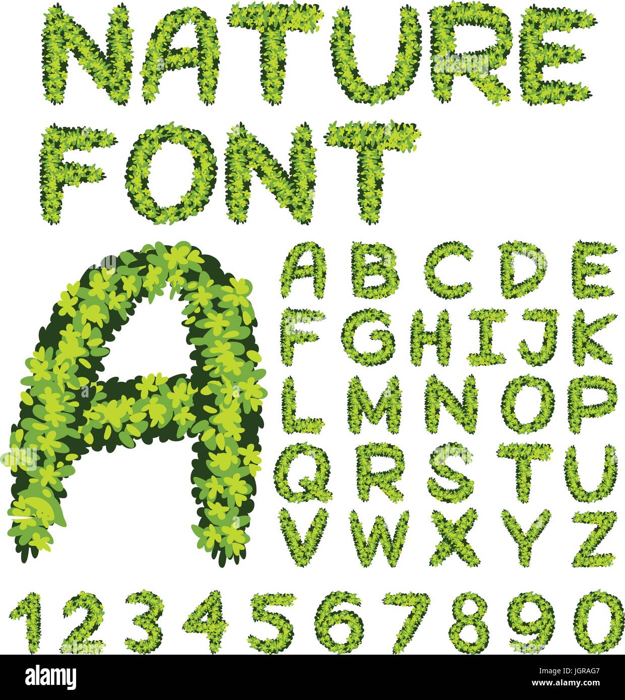 Font design for alphabets and numbers in green leaves illustration ...