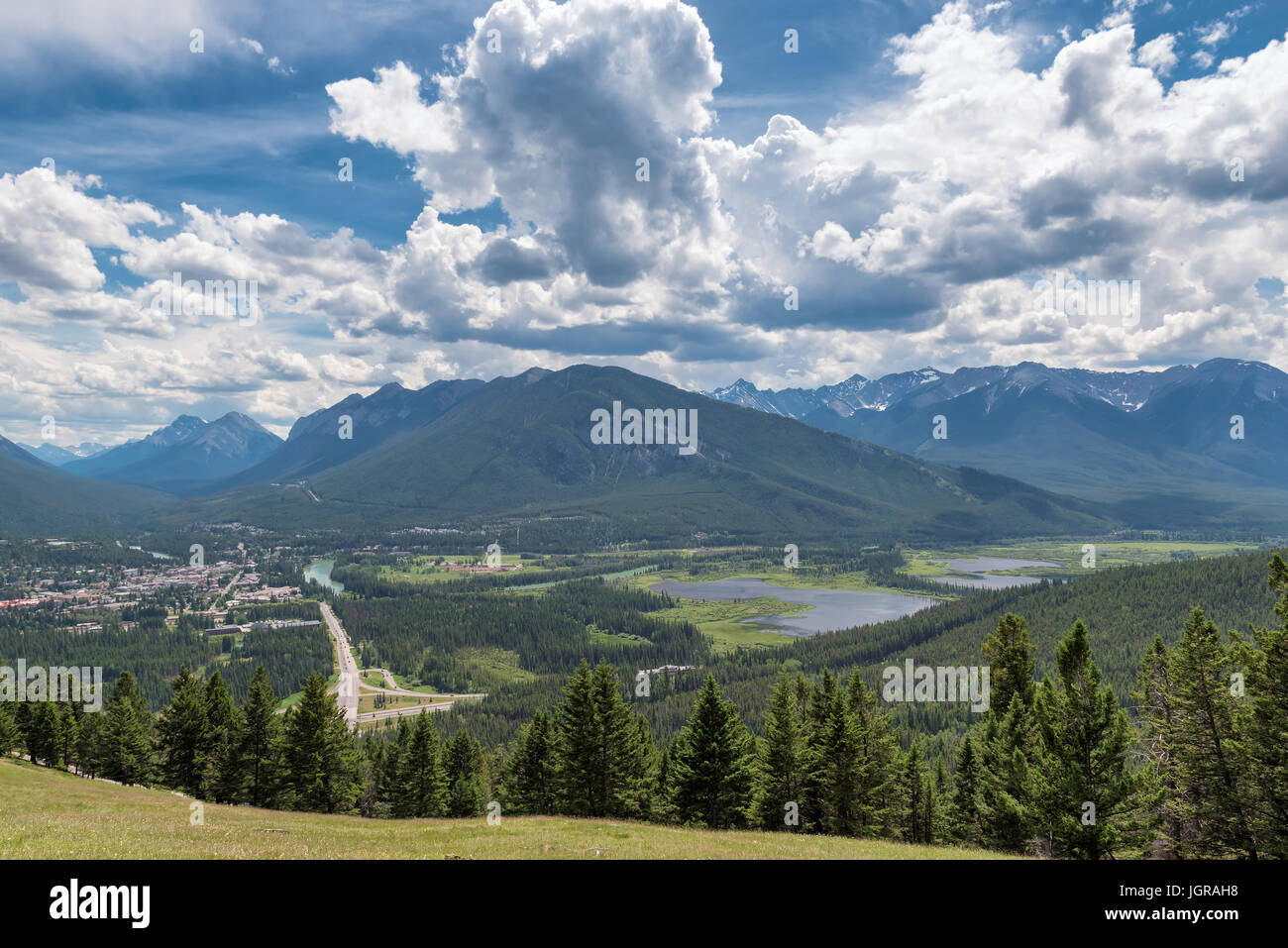 The city of Banff in the valley between the mountains, Alberta, Canada. Stock Photo