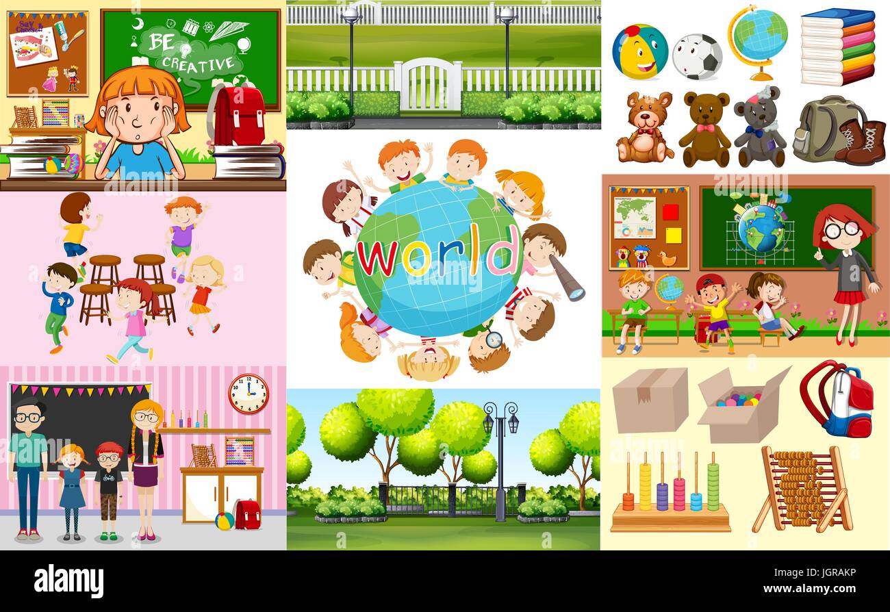 School scenes with students in different classrooms illustration stock