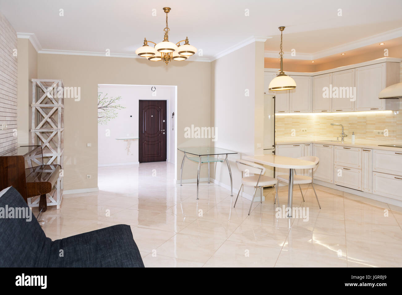 Modern kitchen area attached to the living room. Interior design with ...