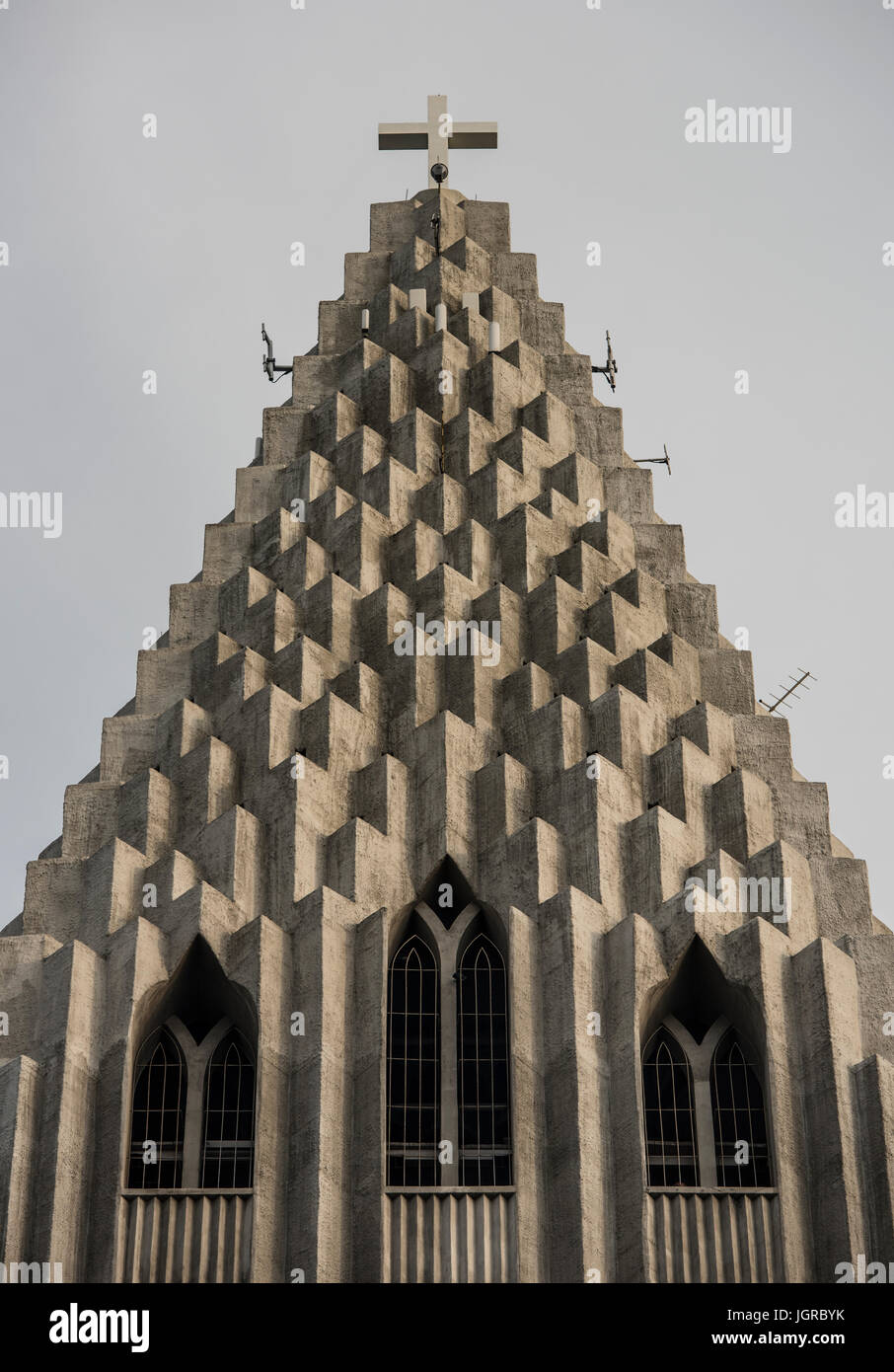 Top of the Hallgrimskirkja Cathedral in Reykjavik, Iceland, lutheran parish church, exterior in a sunny summer day with a blue sky Stock Photo