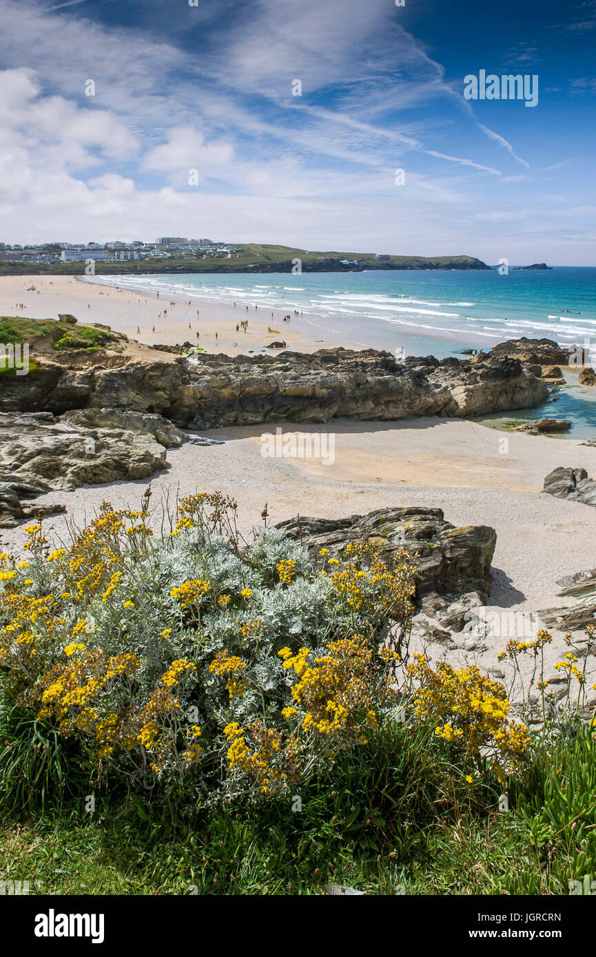 A view looking over Fistral Beach to East Pentire headland. Stock Photo