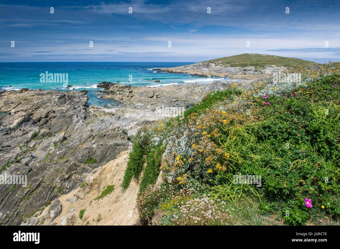 Low tide at Little Fistral in Newquay, Cornwall. Stock Photo