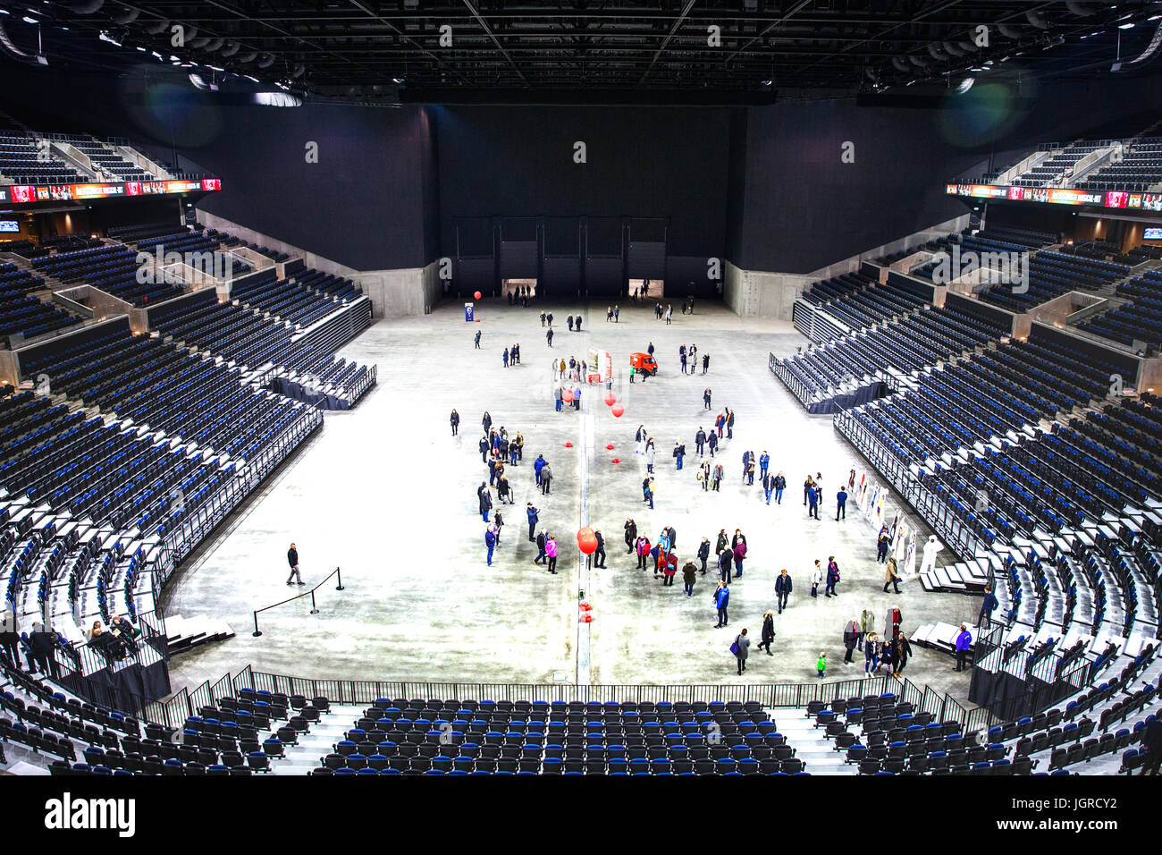 Inside the Royal Arena, which is an indoor cultural meeting place in  Copenhagen, Denmark. The Arena is known for its Nordic design and was  hosting events such as the Eurovision Song Contest