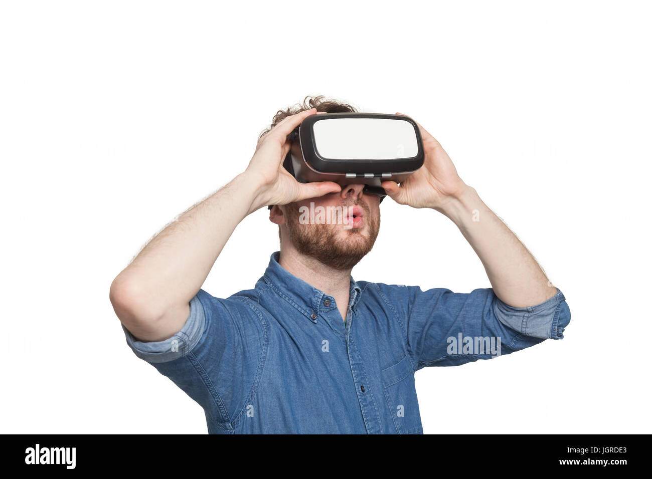 Man wearing virtual reality goggles, isolated on white Stock Photo - Alamy