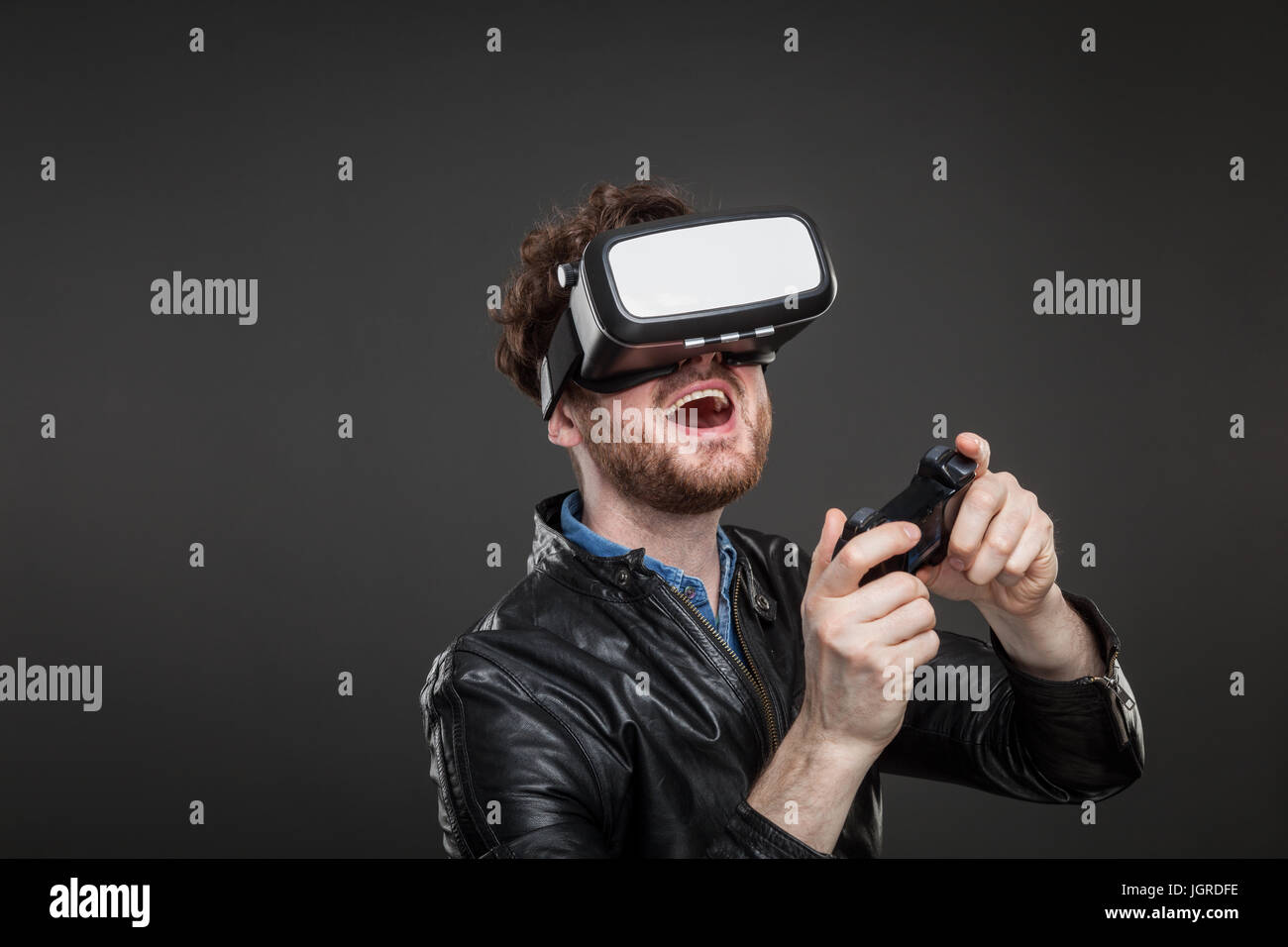 Man wearing virtual reality goggles Stock Photo - Alamy