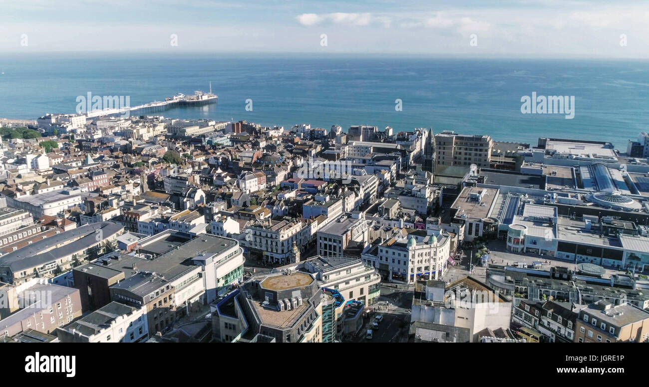 Aerial view of the town of Brighton and Hove towards the beach and the pier Stock Photo