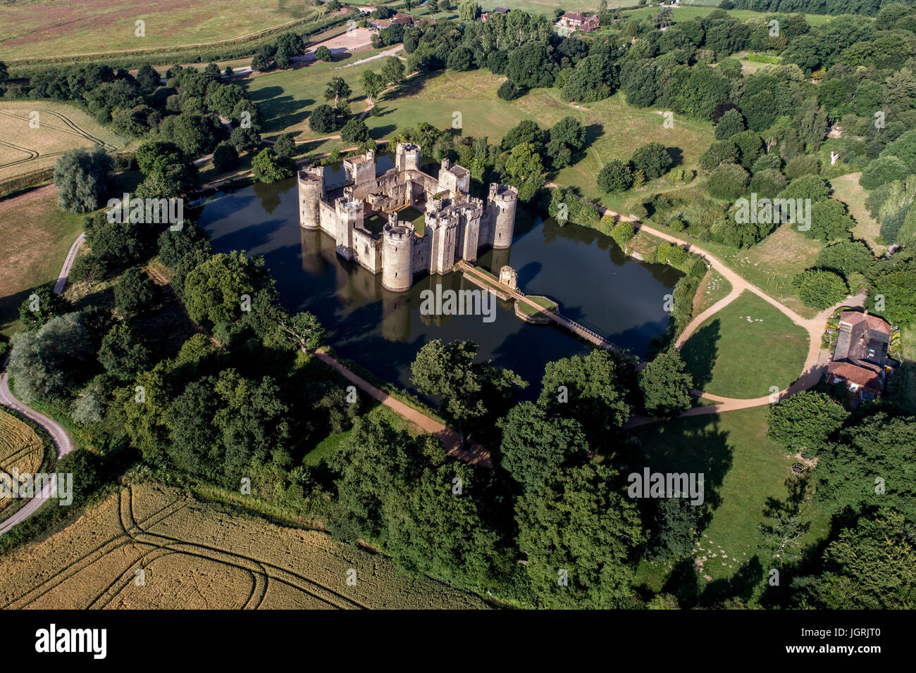 Aerial view of Bodiam Castle, Robertsbridge, East Sussex, UK. Historic popular tourist attraction. English Castle with moat surrounded by countryside Stock Photo