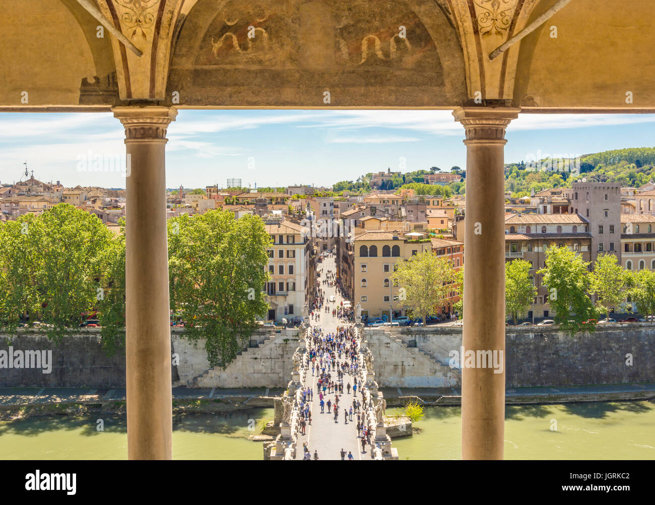 Saint Angel bridge over the river Tiber viewed from the Castel Sant Angelo terrace in Roma, Italy Stock Photo