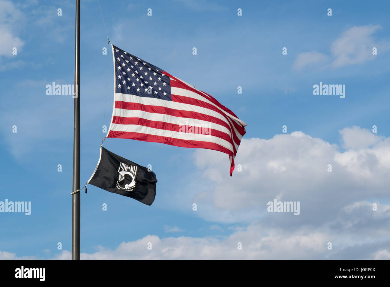 American and POW/MIA Flags flying over Washington DC Stock Photo