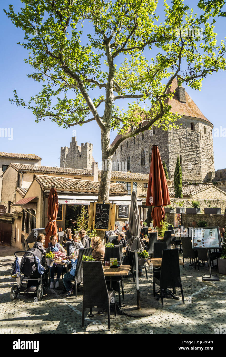Restaurants in Place Marcou in Carcarsonne, France Stock Photo
