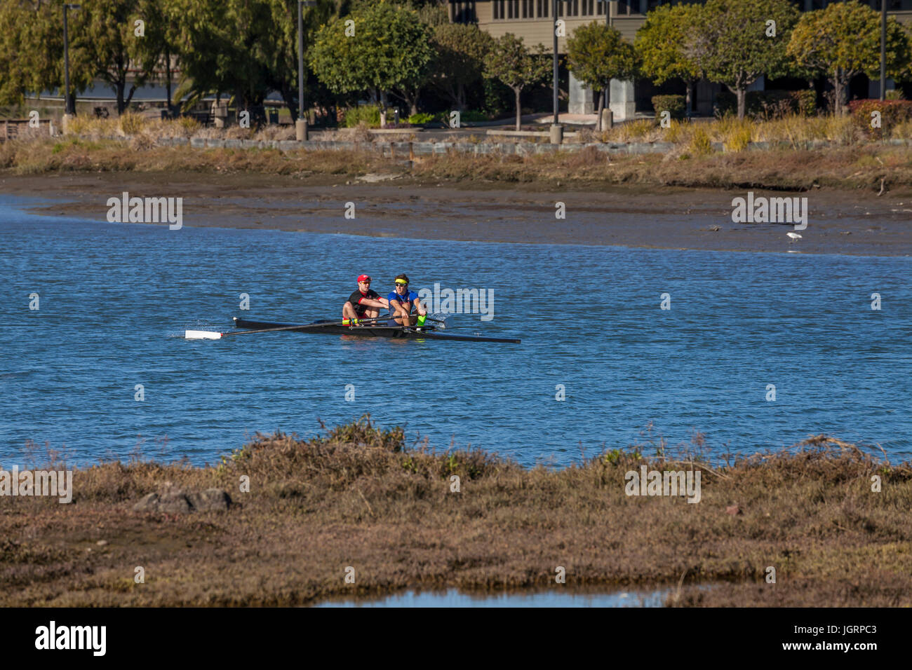 Two men rowing in the inlet of Larkspur Creek, Larkspur, California, USA Stock Photo