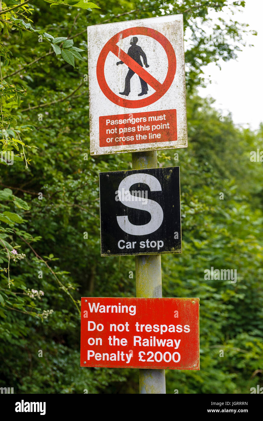 Rail safety and warning signs at Elton & Orston Station on the Grantham to Nottingham line Stock Photo