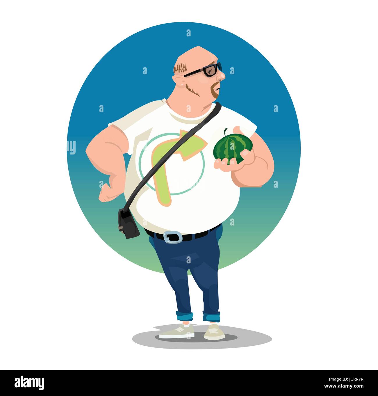 Digital vector funny comic cartoon big bald man with glasses and belly  holding a small melon, white tshirt with arrow, hand drawn illustration,  abstra Stock Vector Image & Art - Alamy