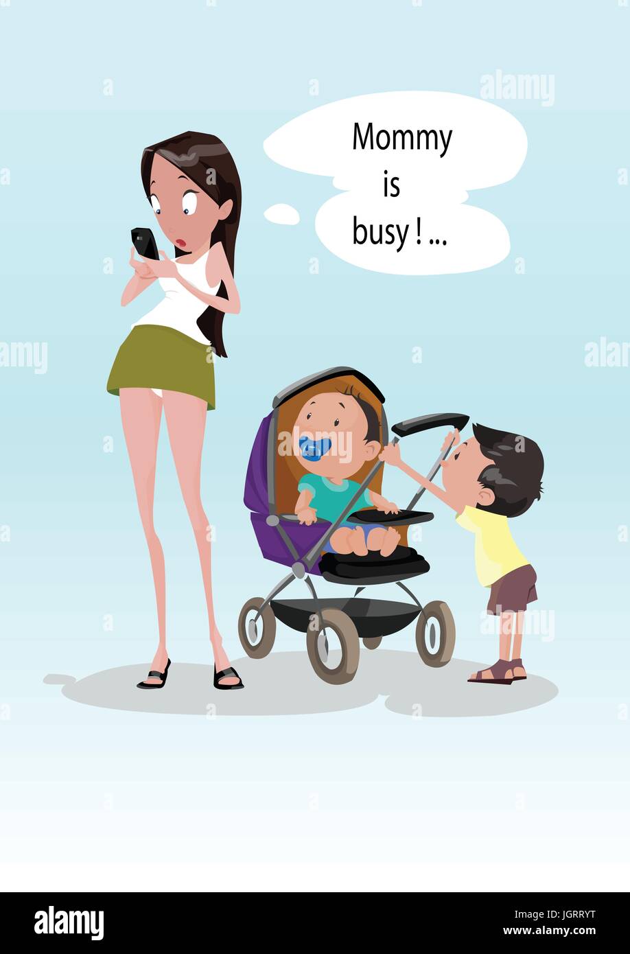 Digital vector funny comic cartoon young surprised woman starring at mobile  phone ignoring small children kids, mommy is busy, nipple and baby strolle  Stock Vector Image & Art - Alamy