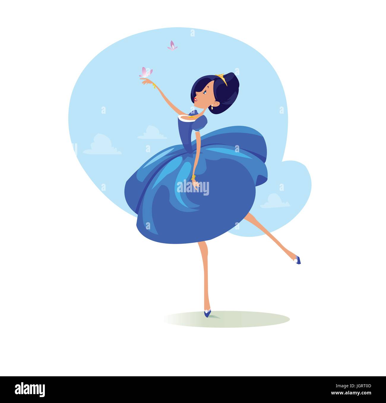 Digital vector funny comic cartoon fairytale princess girl in blue dress  dancing with butterflyes at a ball, royal shoes and collar, hand drawn  illust Stock Vector Image & Art - Alamy